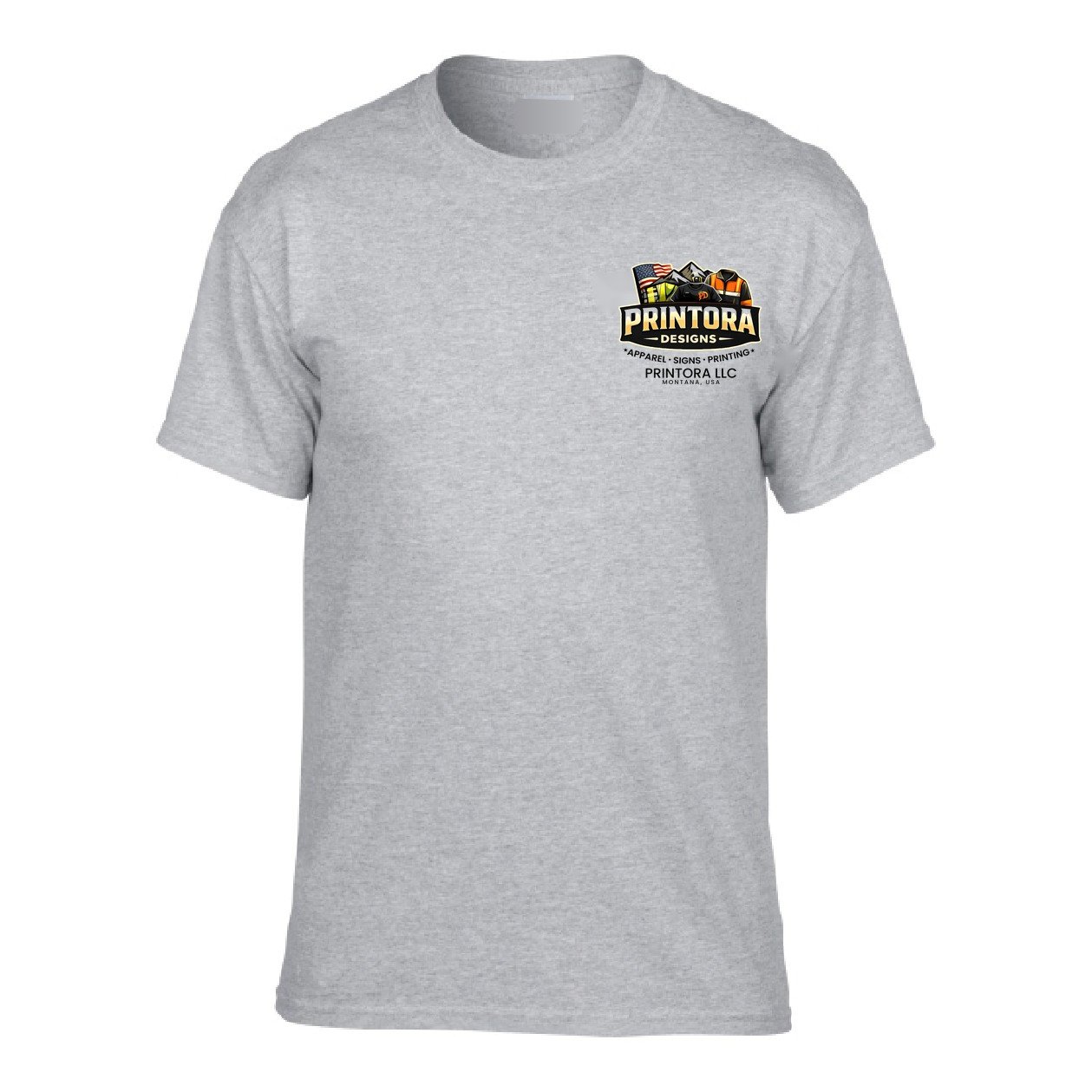 Custom printed t-shirt with the Printora Designs logo on the chest